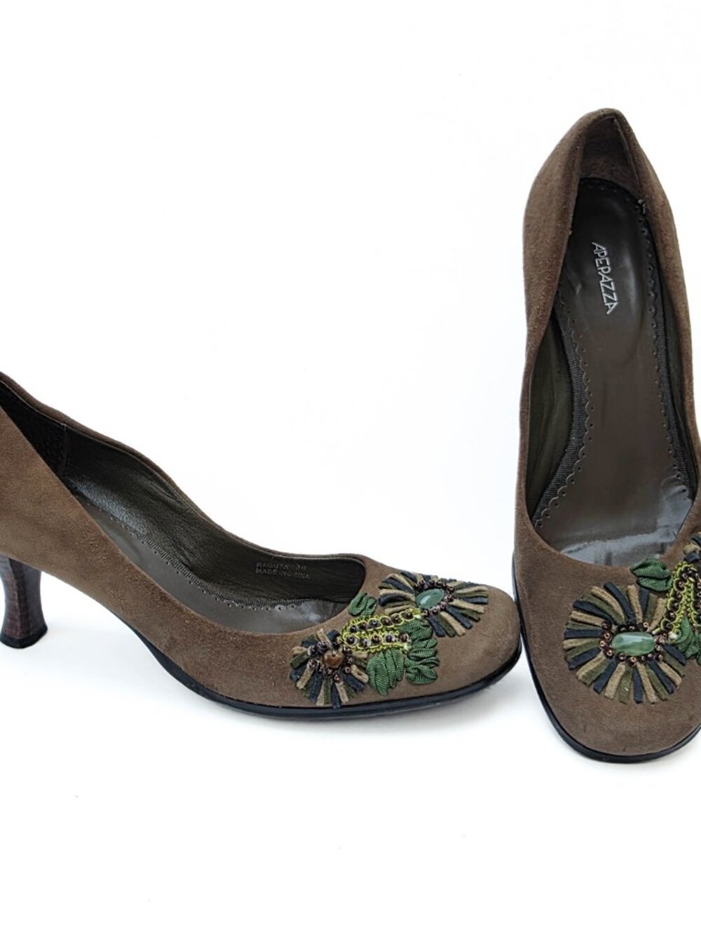 Apepazza Ragusa Suede Pumps Womens 38 Brown Beaded Embroidered Kitten Heels